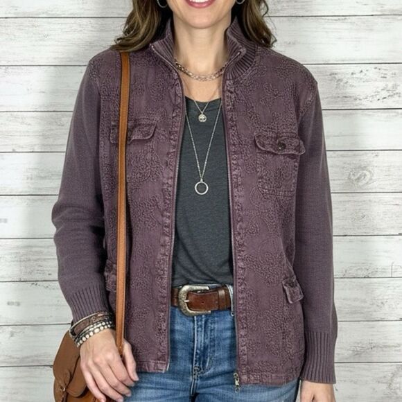 DENIM & CO. Mineral Wash Burgundy Cotton And Knit Embroidered Jacket 1X - Picture 1 of 10